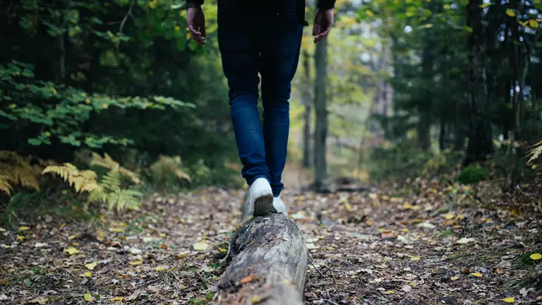 En person går på en falden træstamme i skoven.
