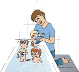 Billede 3 er billedbrik 2-2 i aldersgruppen small, dvs. 3-6 &aring;r. Billede 3 er en illustration af en voksen mand, der bader tre sm&aring; b&oslash;rn i et badekar. 